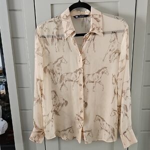 Zara Beige Sheer Horsey Button-Up Shirt In Tan/brown Sz Zs Ptp 21